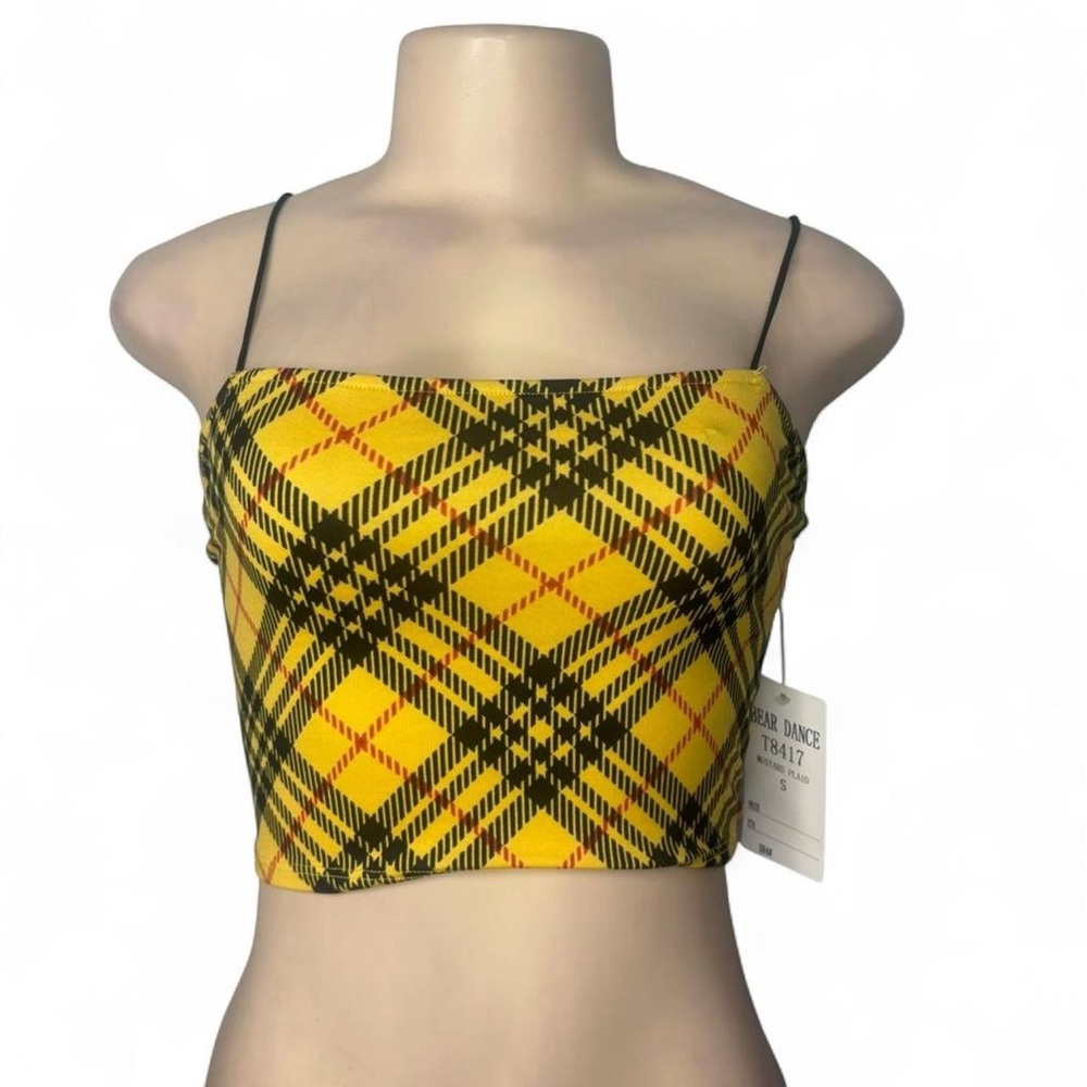 Bear Dance Yellow Plaid Spaghetti Strap Crop Top